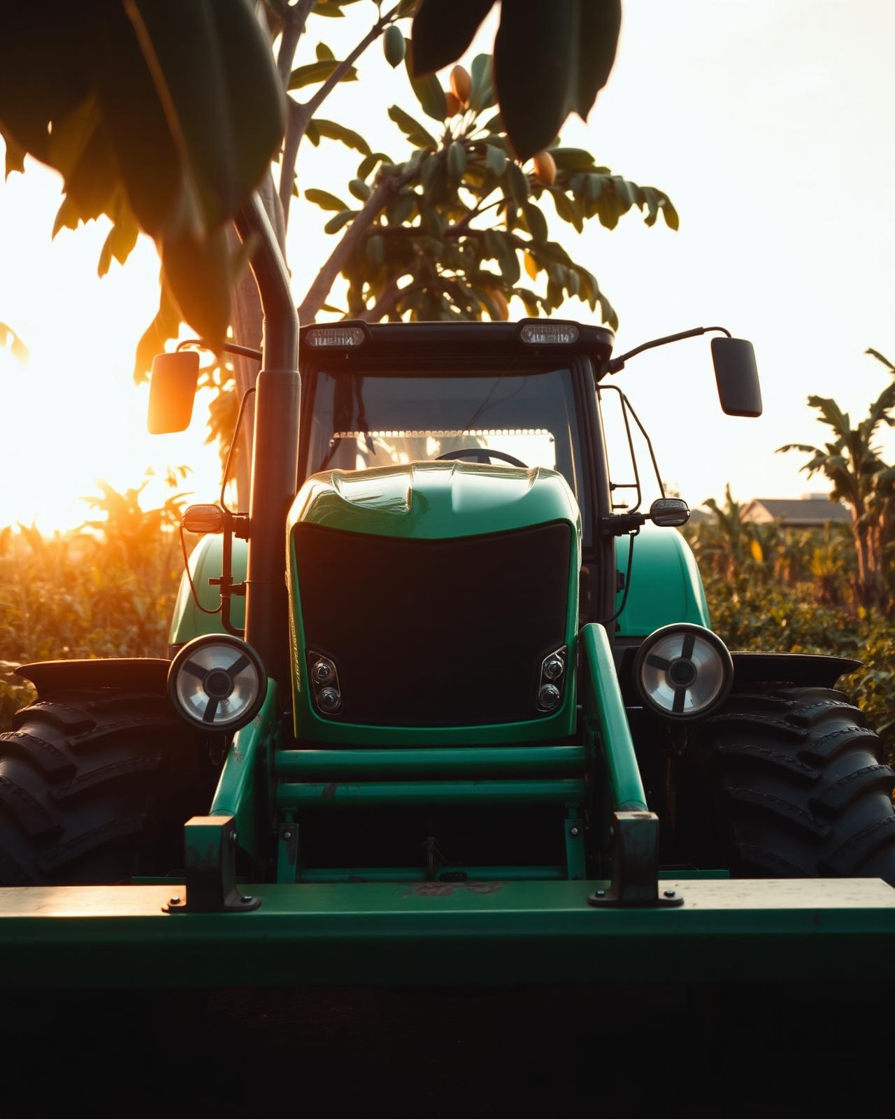 Green tractor at sunrise in a Nigerian cocoa plantation